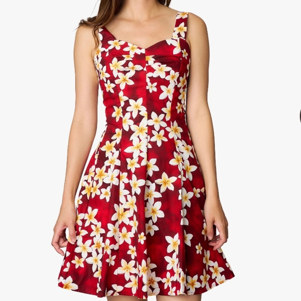 VINTAGE Royal Creations Hawaii red floral plumeria mini fit and flare‎ dress XS